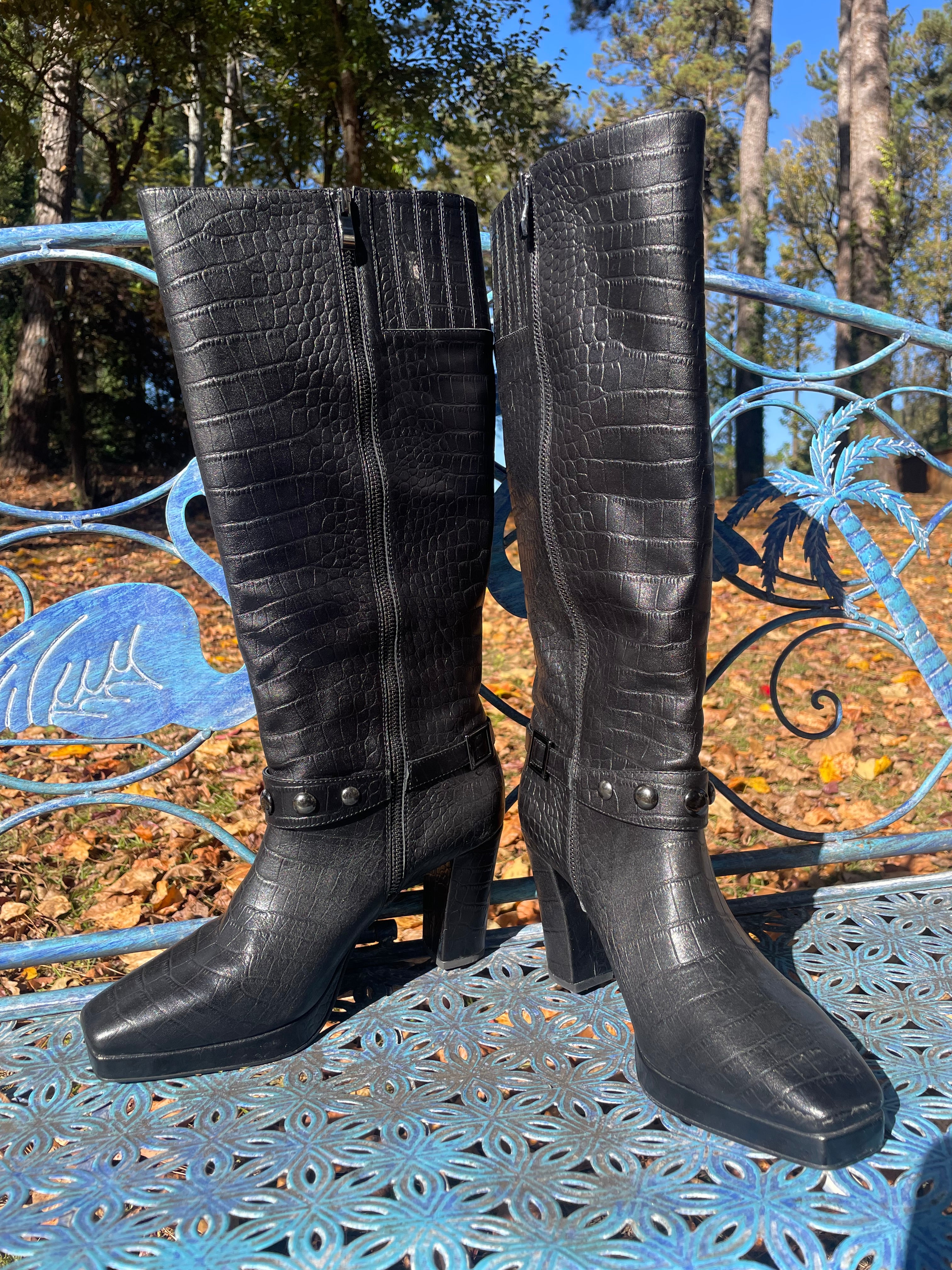 Croc Black Leather Tall Boots Women's