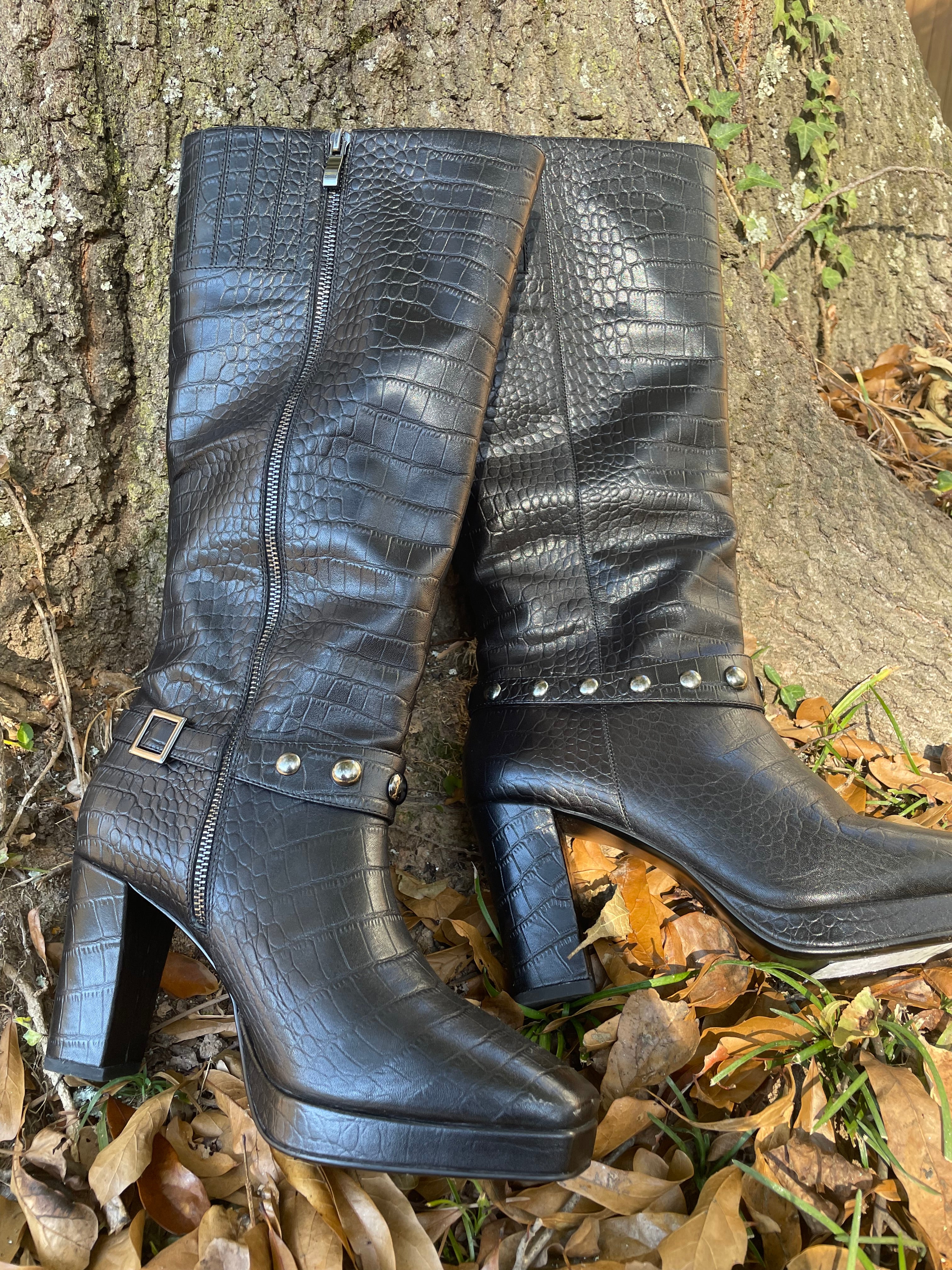 Croc Black Leather Tall Boots Women's