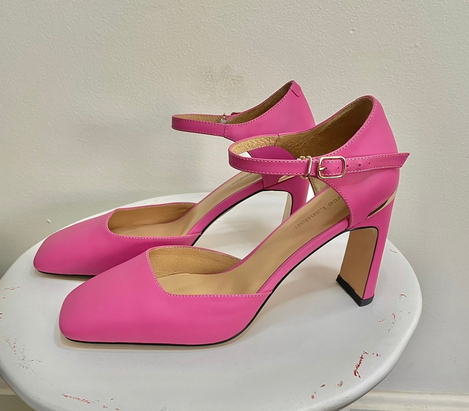 Leather Squared-Toe Pink Ankle Strap D’Orsay  Platform Pumps