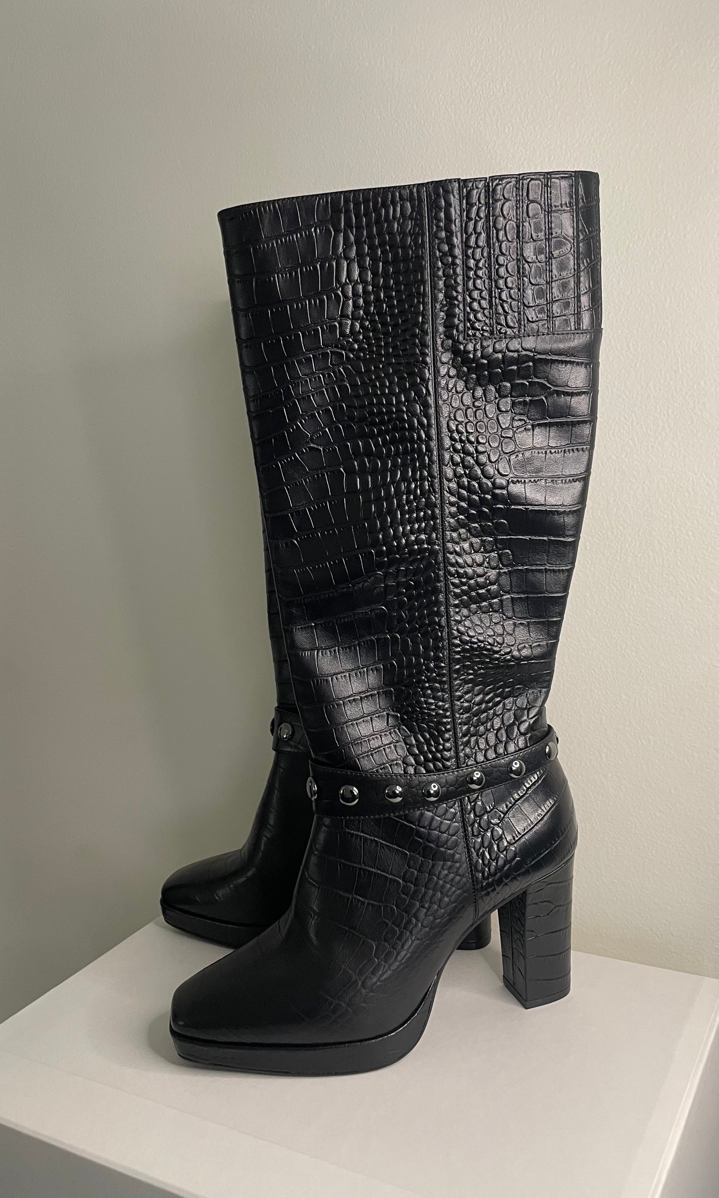 Croc Black Leather Tall Boots Women's