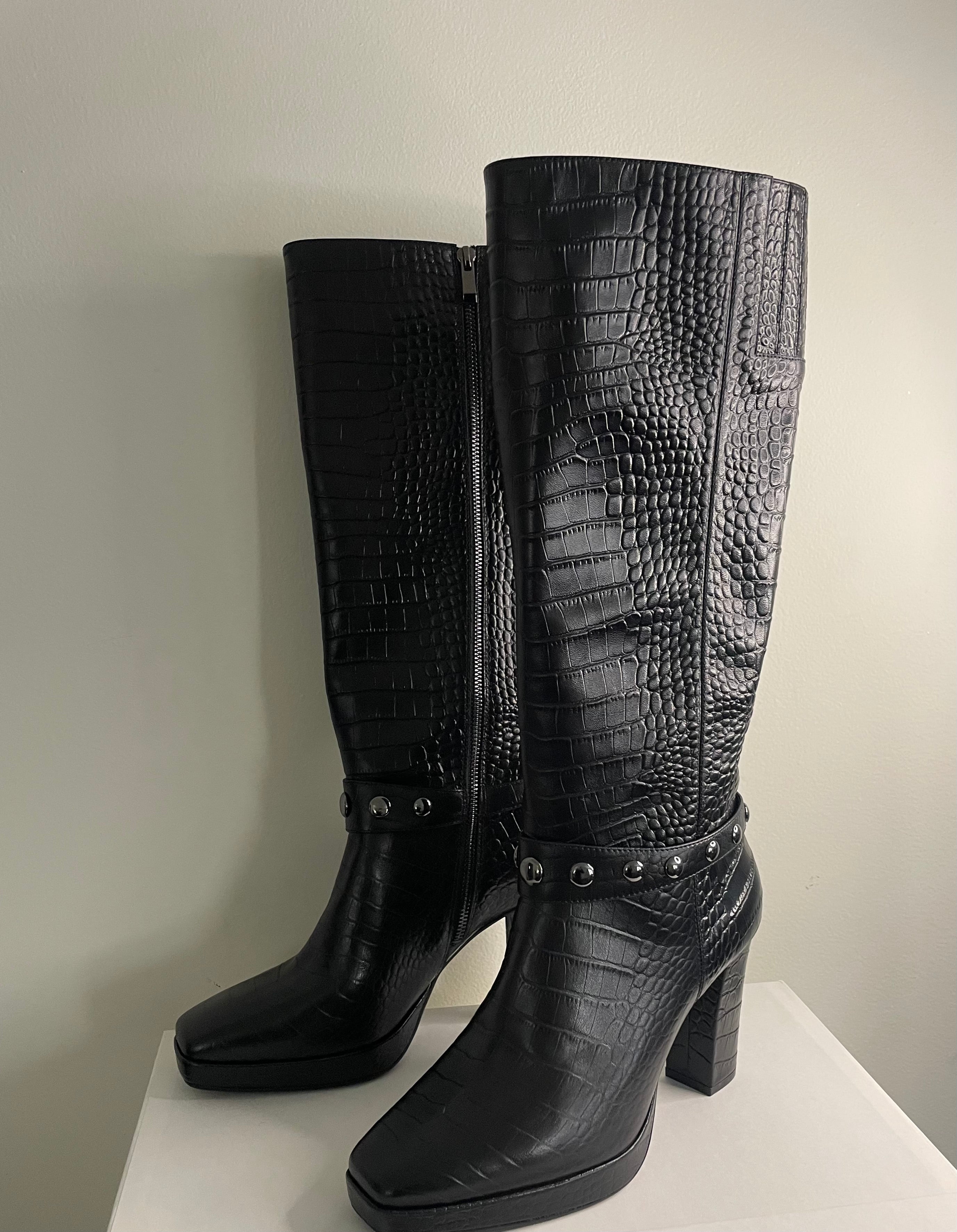 Pryce Landon Croc-Embossed Leather Tall Block Platform Boots