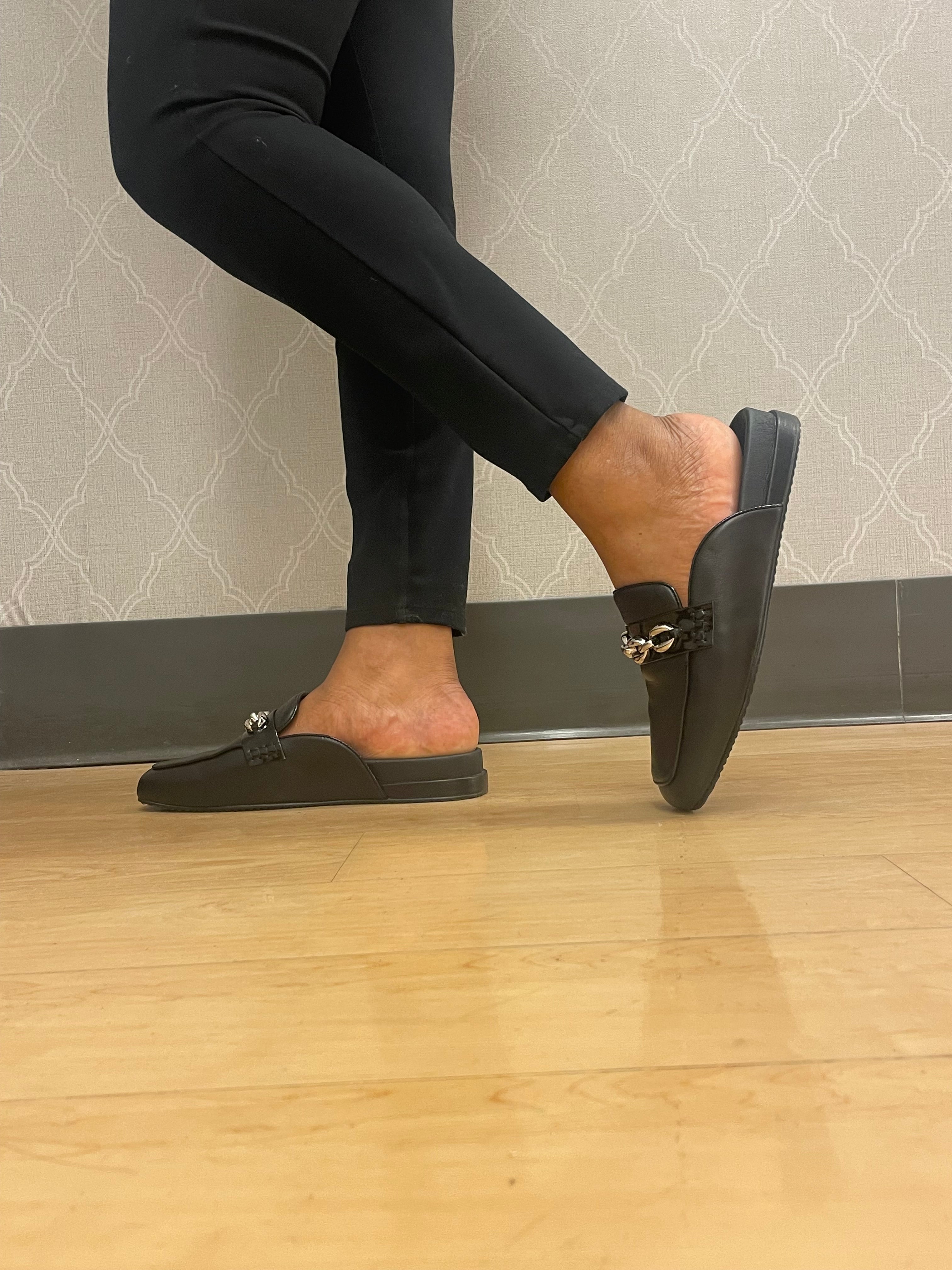 OLGA Two-Toned Black Square-Toed Chain Flat Mule Loafer