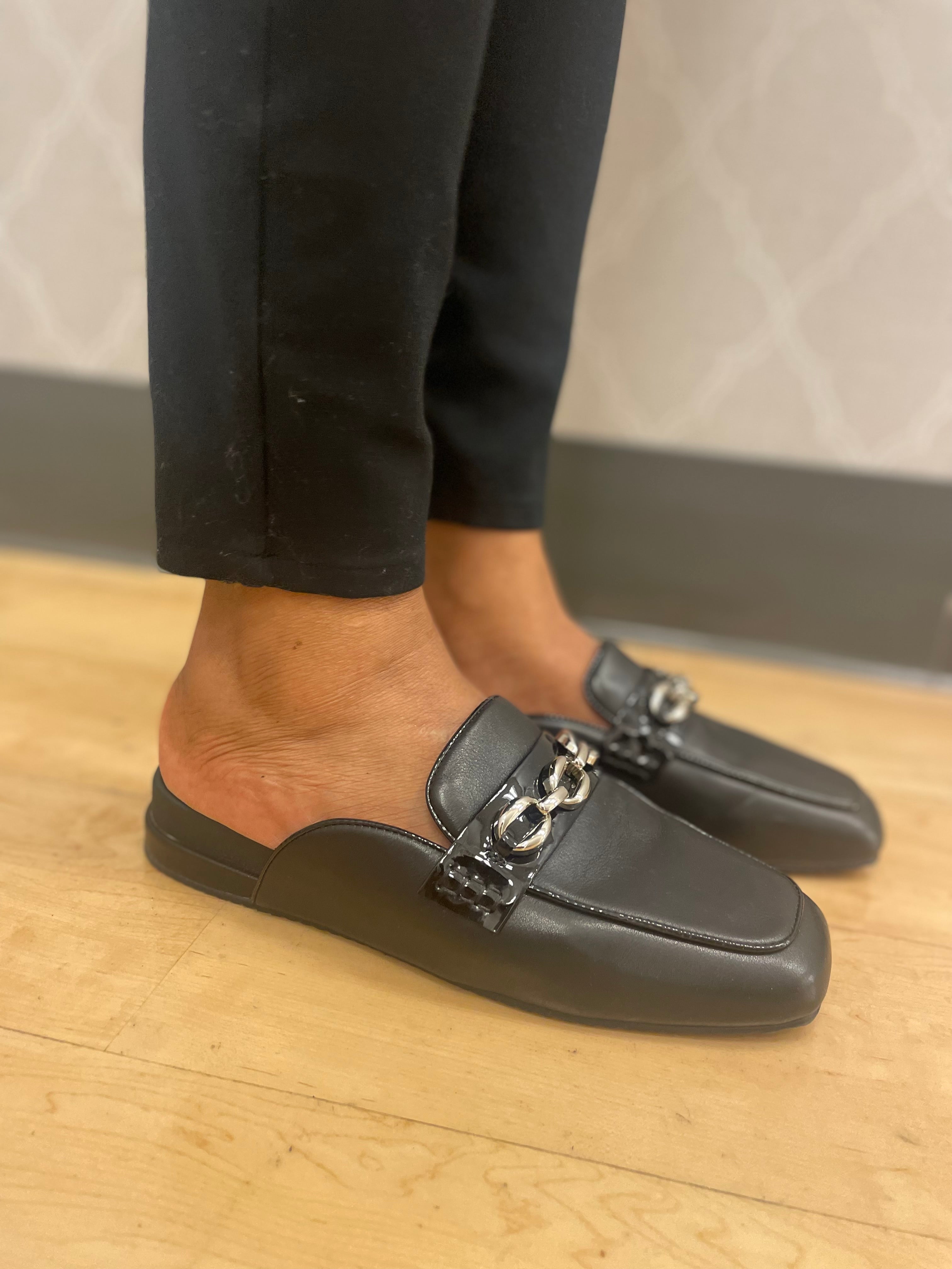 OLGA Two-Toned Black Square-Toed Chain Flat Mule Loafer